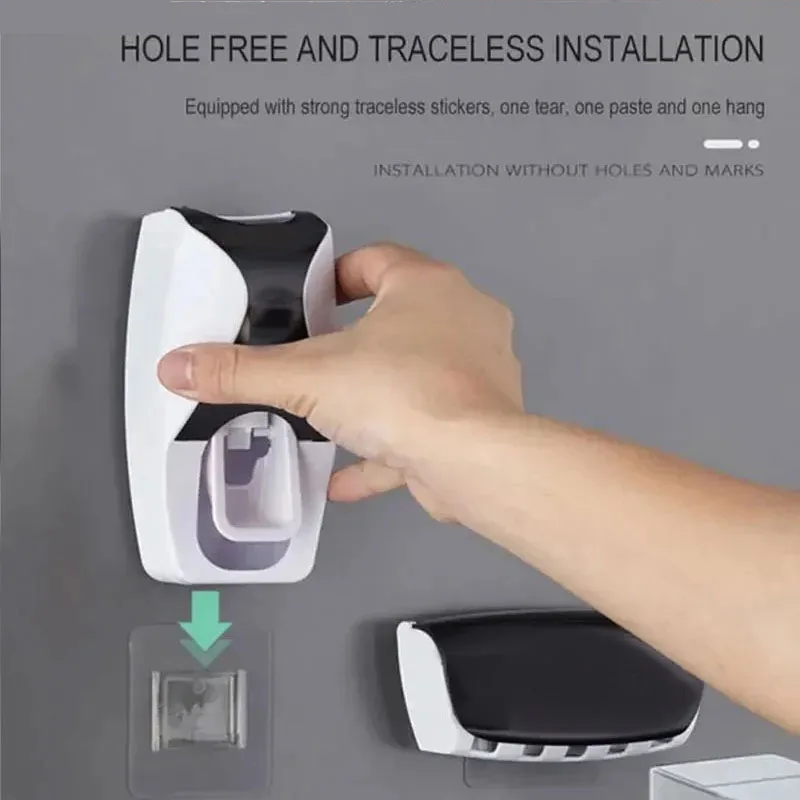 2PCS Automatic Toothpaste Dispenser Wall Mount Dust-proof Toothbrush Holder Wall Mount Bathroom Accessories Set Squeezer