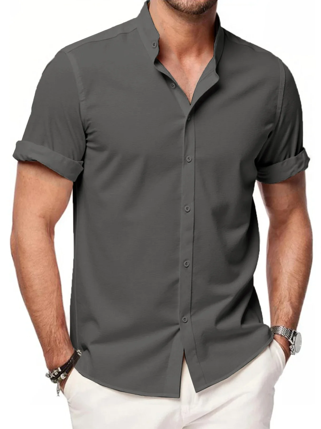 夏のメンズ半袖シャツ、無地スタンドカラーTシャツ、ルーズカジュアルビーチシャツ、通気性のある男性用リネントップス