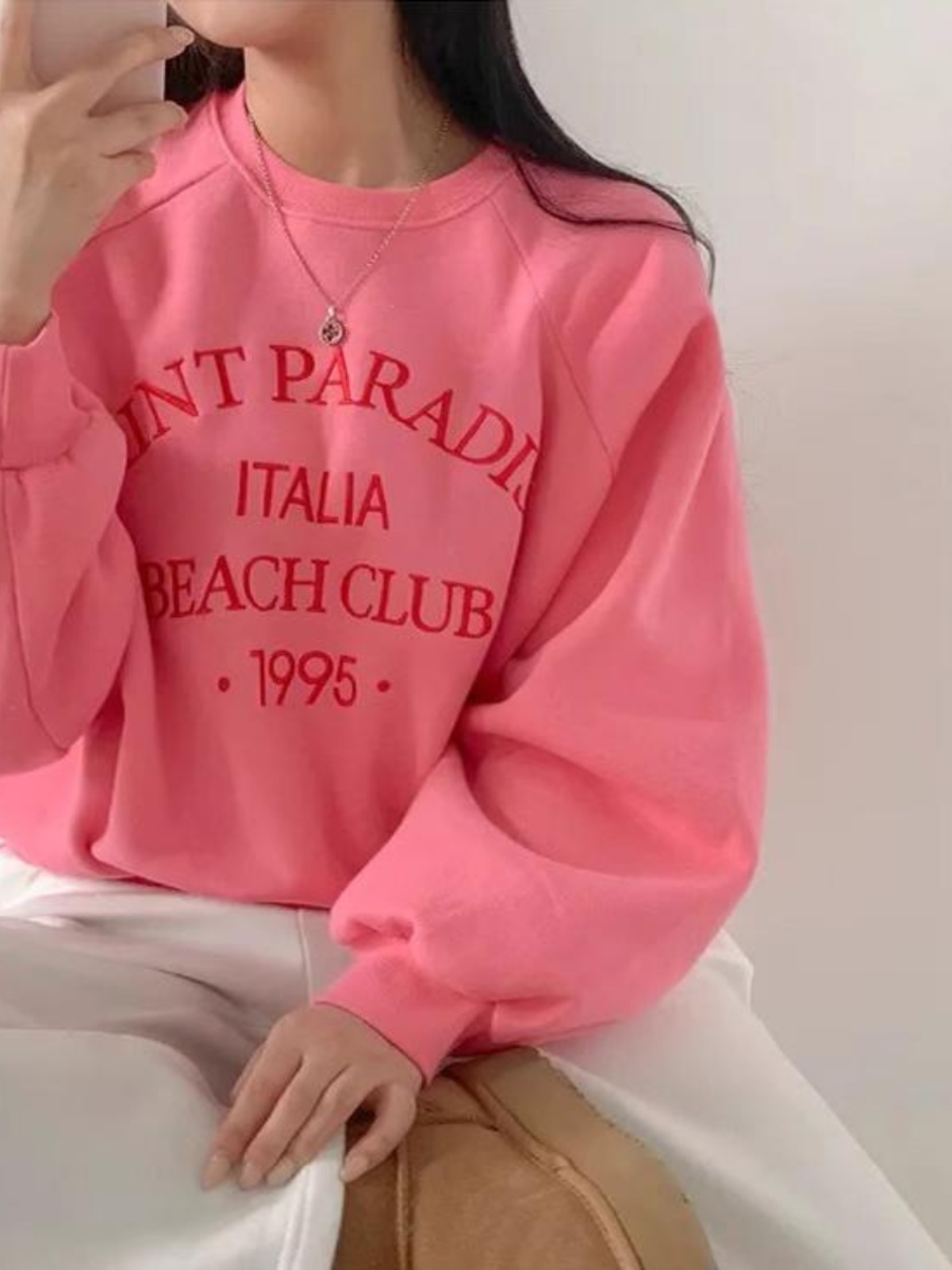 韓国スタイルラウンドネック刺繍文字肥厚フリース女性のトレーナーピンク秋冬シックな A-ファッションストリート