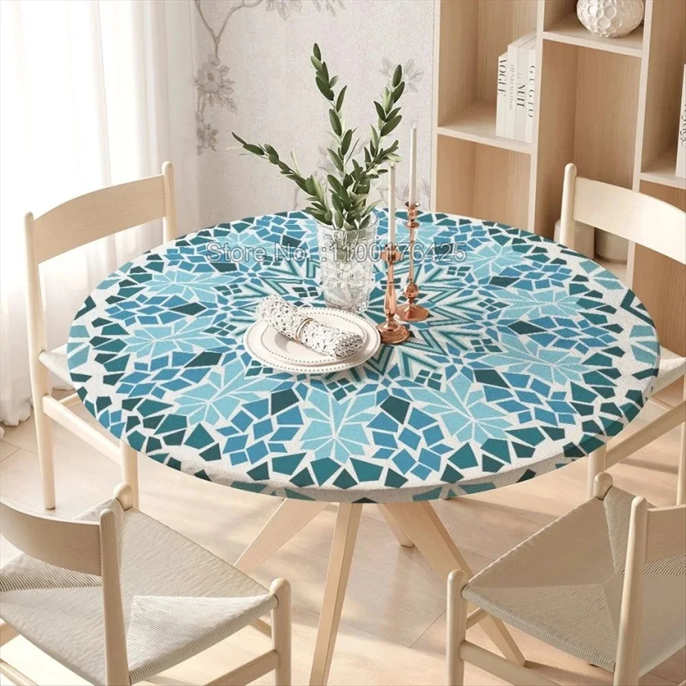 Mandala Round Tableclothes for Dining Table Boho Pattern Fitted Table Protector Cover Elastic Edge Desk Decoration Waterproof