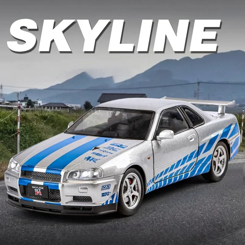 1:24 Nissan GTR R34 Skylin Szybcy i wściekli Model samochodu ze stopu Dźwięk i światło Odciągnij Zabawka dla dzieci Kolekcje Prezent urodzinowy