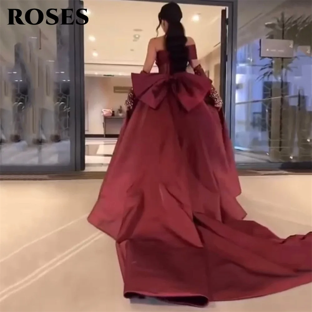 Rosen Burgunder Fleck Meerjungfrau Ballkleider mit Schleife glänzende Perlen auf Ärmel Abendkleid eine Schulter Schatz فساتين الحف