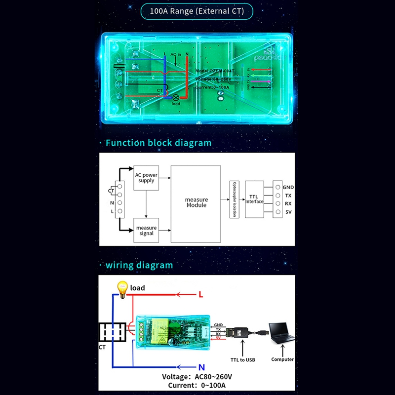 Vatímetro 100A PZEM 004T 3,0 + CT abierto + Cable TTL a USB, medidor Kwh, módulo de prueba de voltios Amp para Arduino TTL COM2/COM3/COM4