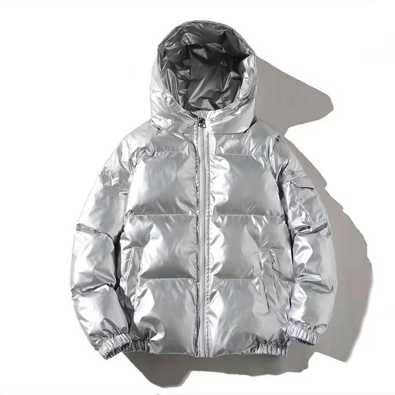Streetwear Fashion Helle Silber Puffer Jacken für Männer Verdicken Winter Herren Mäntel Casual Mit Kapuze Baumwolle Wadded Beheizte Jacke Männer