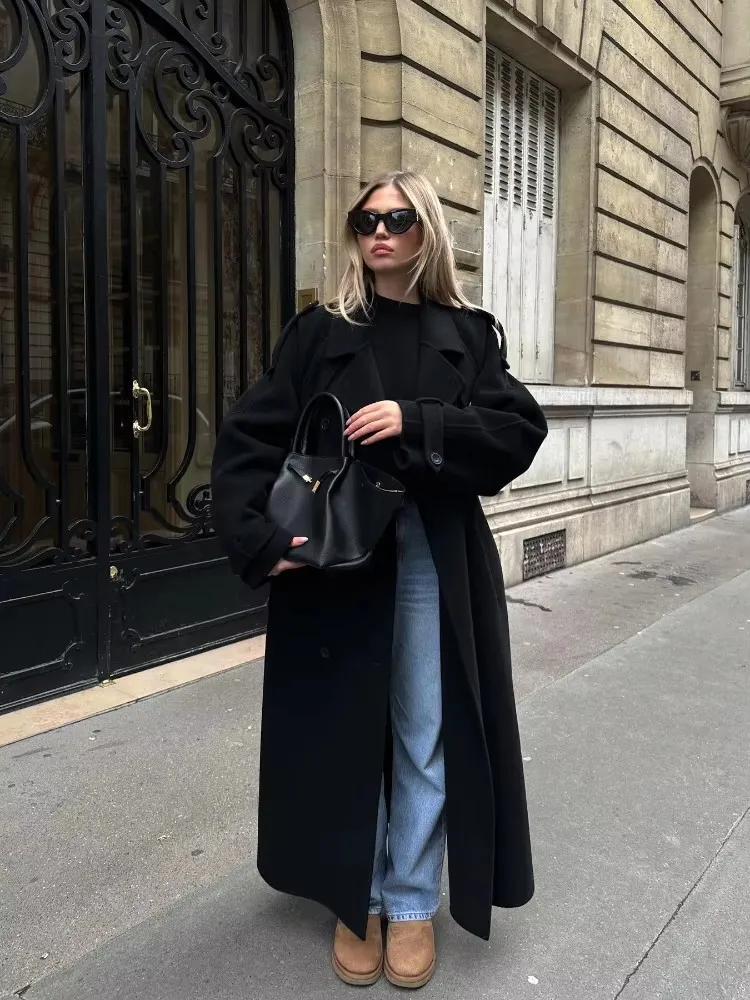 Elegante com cinto preto casaco longo para mulheres oversize lã duplo botão lapela casaco outono nova senhora high street outerwear