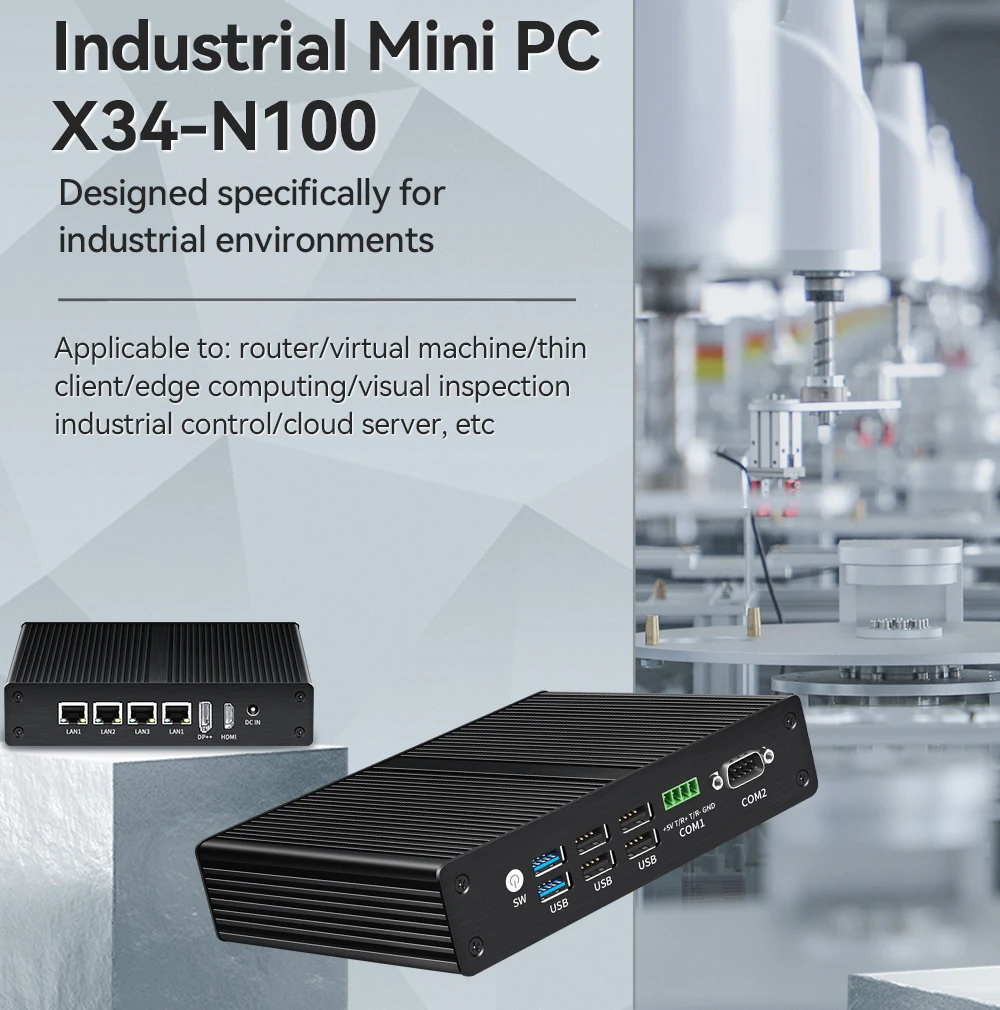 Fanless Industarial Mini PC Intel N100 4x 2.5G Ethernet RS485 RS232 6x USB M.2 Slot Expansion Windows Linux OpenWrt RouterOS