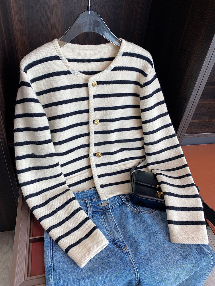 Streep Gebreid Vest Dames Lente Herfst O-hals Single Breasted Crop Tops Met Lange Mouwen Fashion Casual Chic Vrouwelijke Truien
