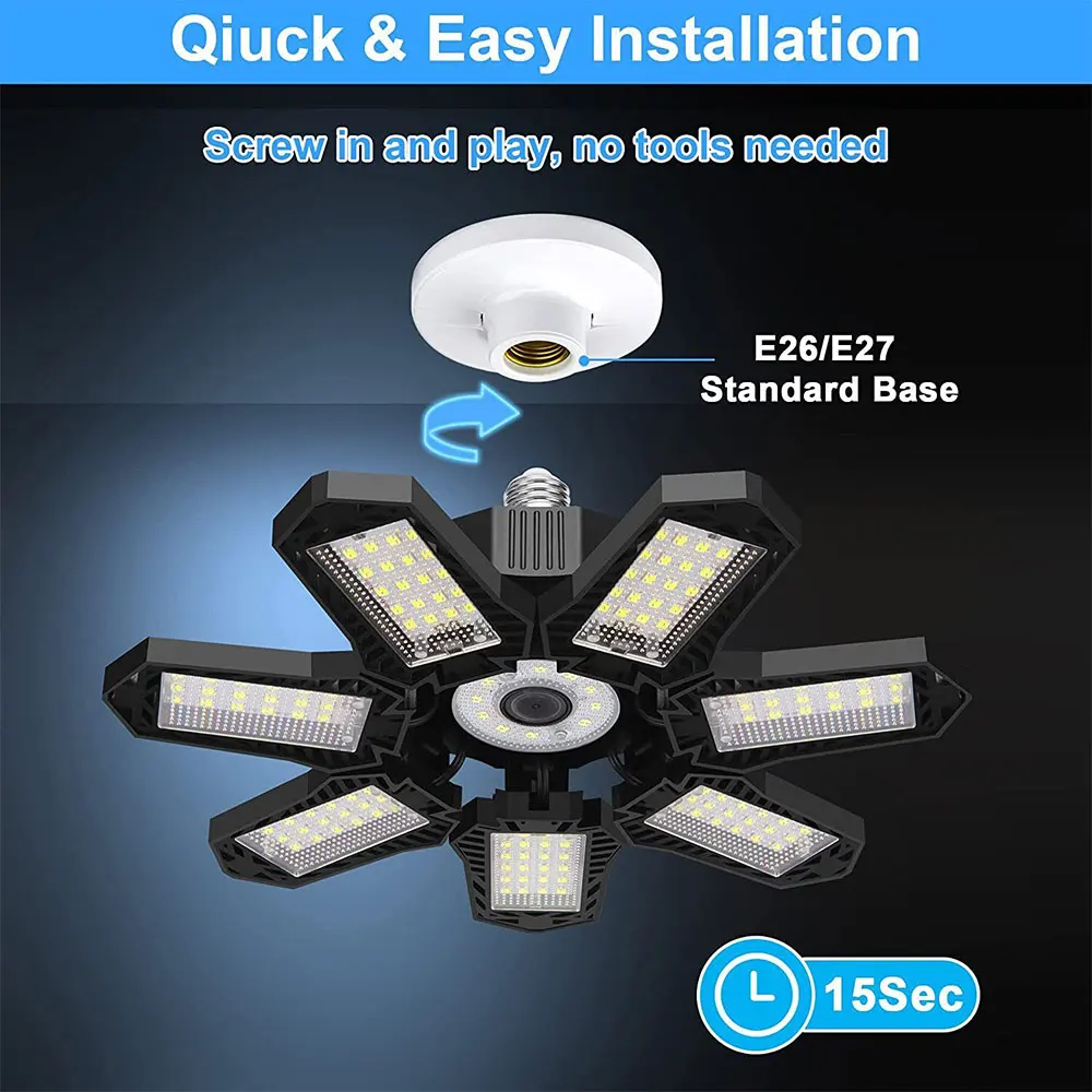 Deformable LED Garage Light with 7 Adjustable Panel LED Bulb Night Lamp for Workshop Warehouse Shop E27 Ceiling Lighting