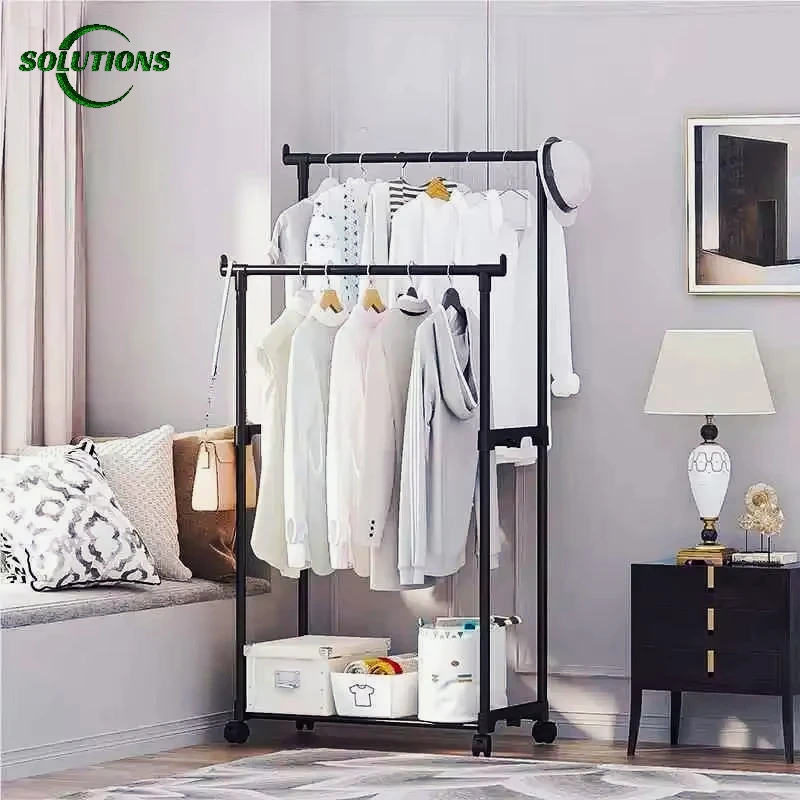 Perchero de pie para ropa, perchero telescópico multifuncional de doble varilla con ruedas para ropa, sombreros y zapatos