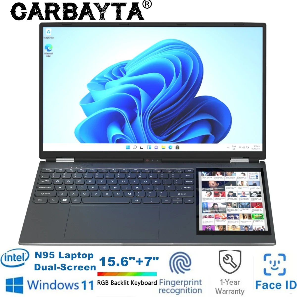 CARBAYTA 15.6 "+ 7" Dual Screen แล็ปท็อป Intel N95 32GB 16GB DDR4 RGB Backlit แป้นพิมพ์คอมพิวเตอร์โน้ตบุ๊คแล็ปท็อป 7" Touch Screen