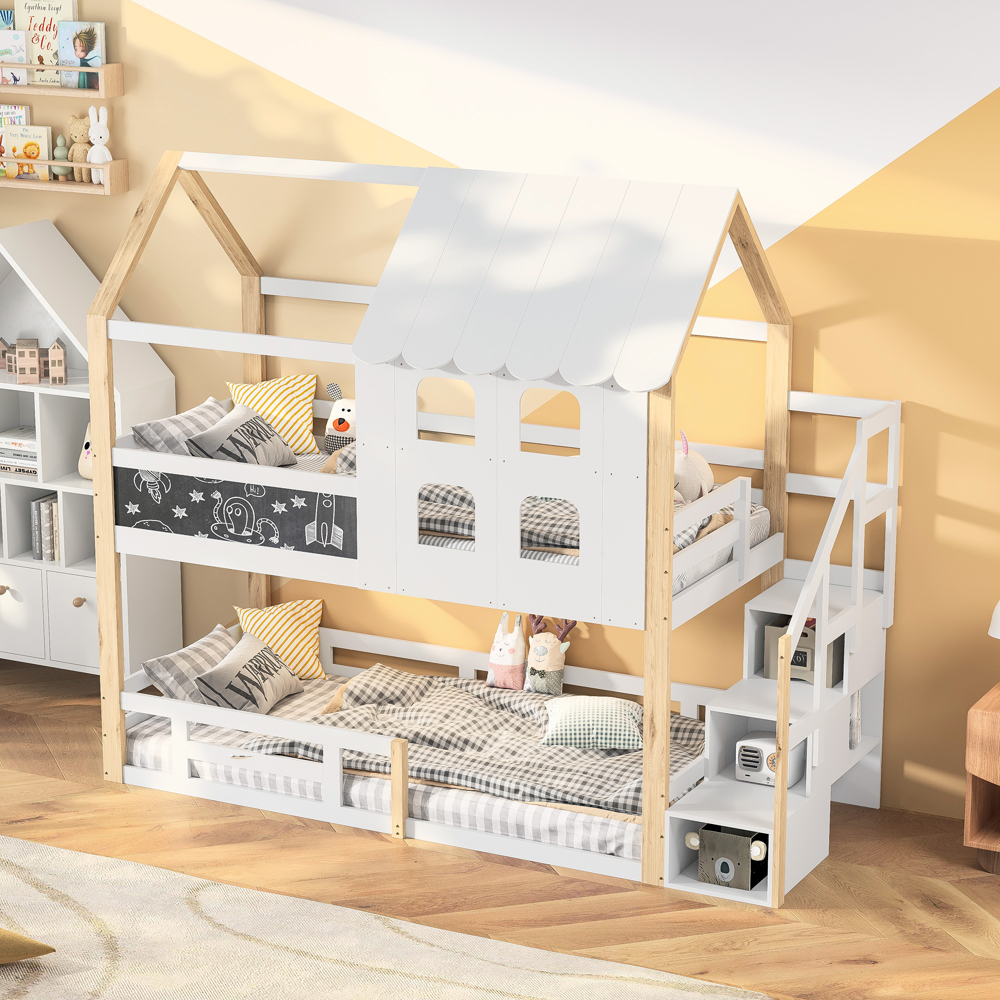 Marco de cama doble de madera blanca para niños, 90x200cm, con escalera y protección contra caídas, litera de casa, sin colchón