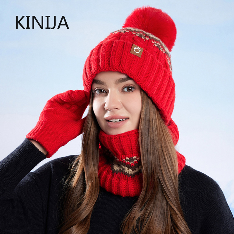 Women's Knitted Hat Beanie Cap Winter Coldproof Hat Scarf Gloves Sets Outdoor Warm Windproof Hat Fit Skiing Traveling Set