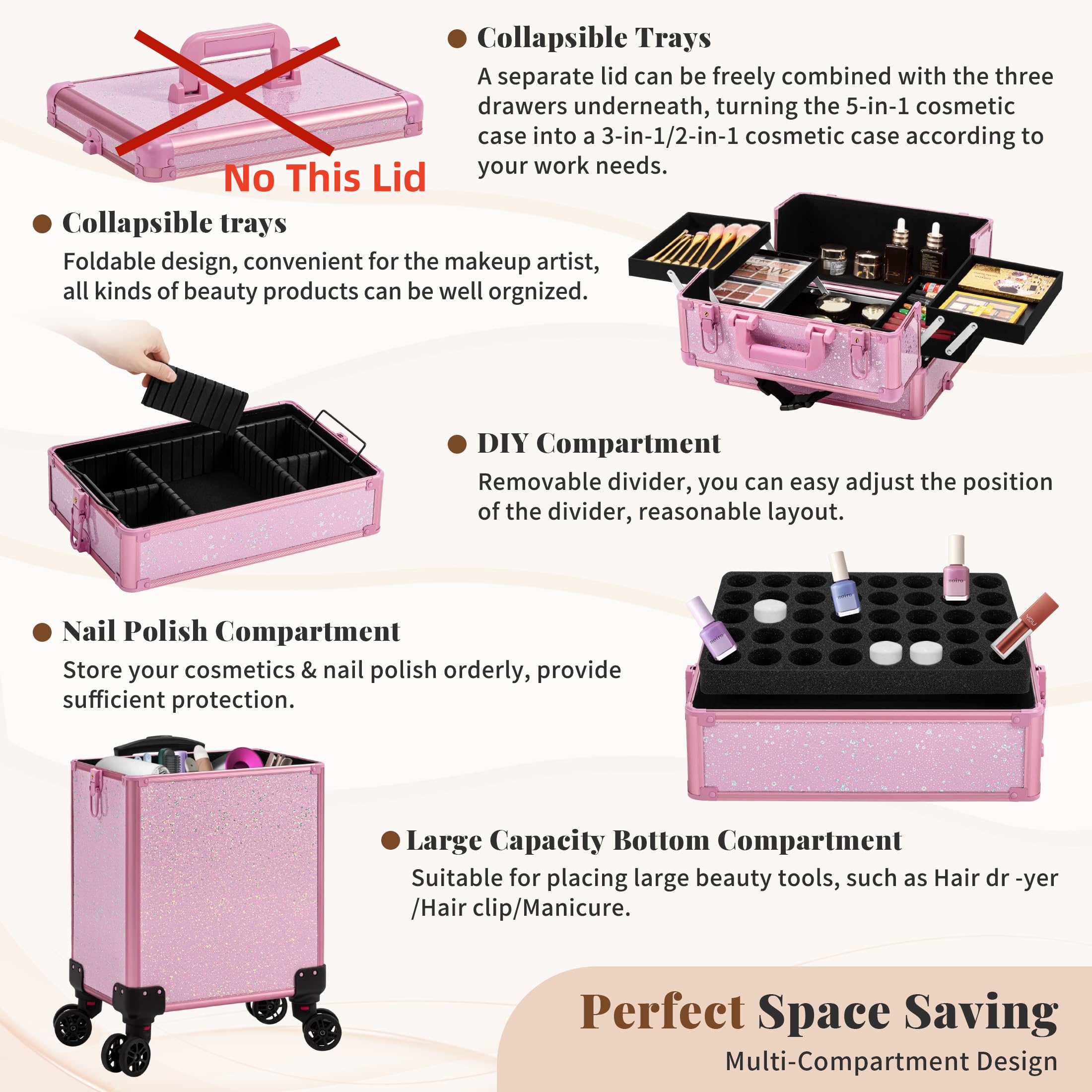 แต่งหน้ารถเข็นที่ถอดออกได้ 4 in 1 รถไฟกระเป๋าเอกสารสําหรับเล็บล้อล็อค Salon ขนาดใหญ่ความจุกรณี
