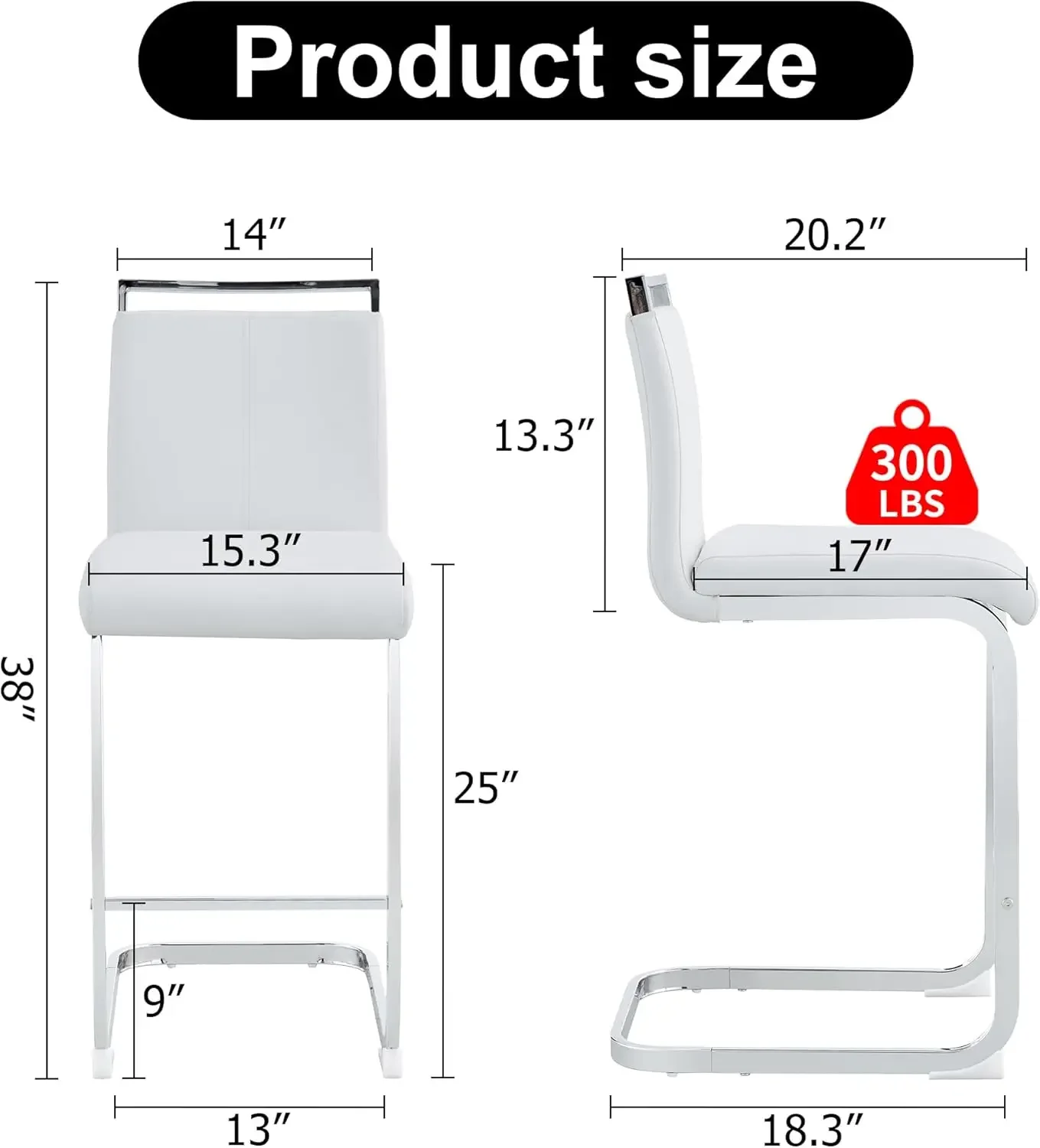 Bar Stools Set of 4,Counter Height Bar Stools with Backs,White PU Kitchen Chairs with Chrome Plated Metal Leg.Upholstered Chair