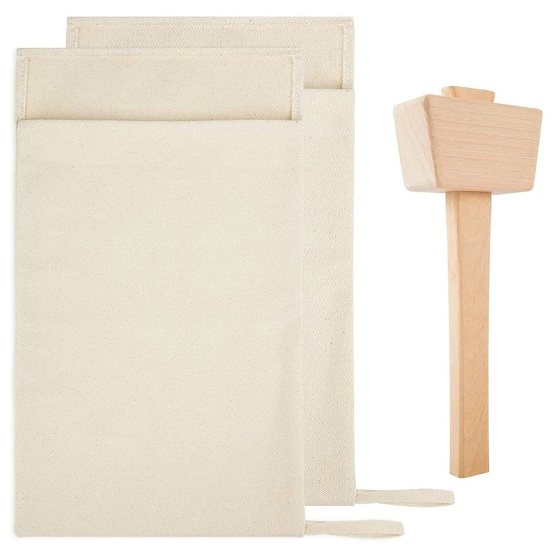 Lona reutilizável esmagado sacos de gelo com madeira Mallet, 2 Lewis sacos e 1 Piece Set, Home Party Bar