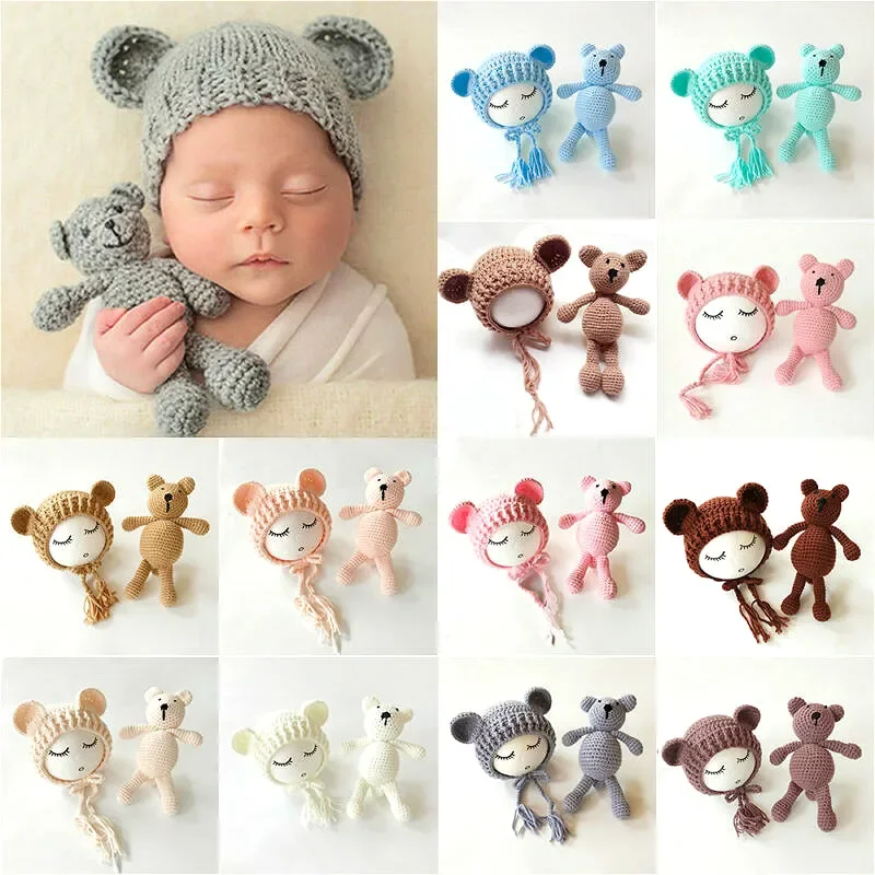 2 pièces nouveau-né photographie accessoire bébé bonnet casquettes poupées jouets filles garçons infantile bébé Crochet tricoté chapeau Photoshoot accessoires