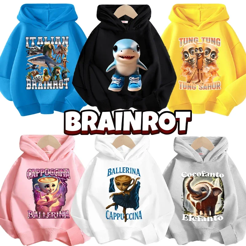 Sudadera con capucha italiana Brainrot para niños, sudaderas finas con gráfico de dibujos animados divertidos, Tung Tungtung Sahur, camisetas informales de manga larga, ropa para niños