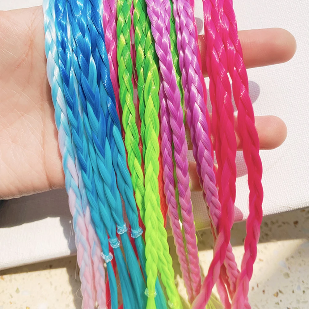 Extensões de cabelo de tranças coloridas sintéticas com faixas de borracha arco-íris trançado rabo de cavalo acessórios de cabelo para crianças meninas