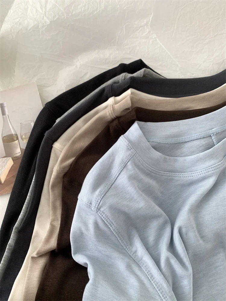 Seide Wolle Splice Langarm T-shirt Frauen Frühling Sommer Dünne Weiche Wachsartige Passform Einfarbig Backing Top