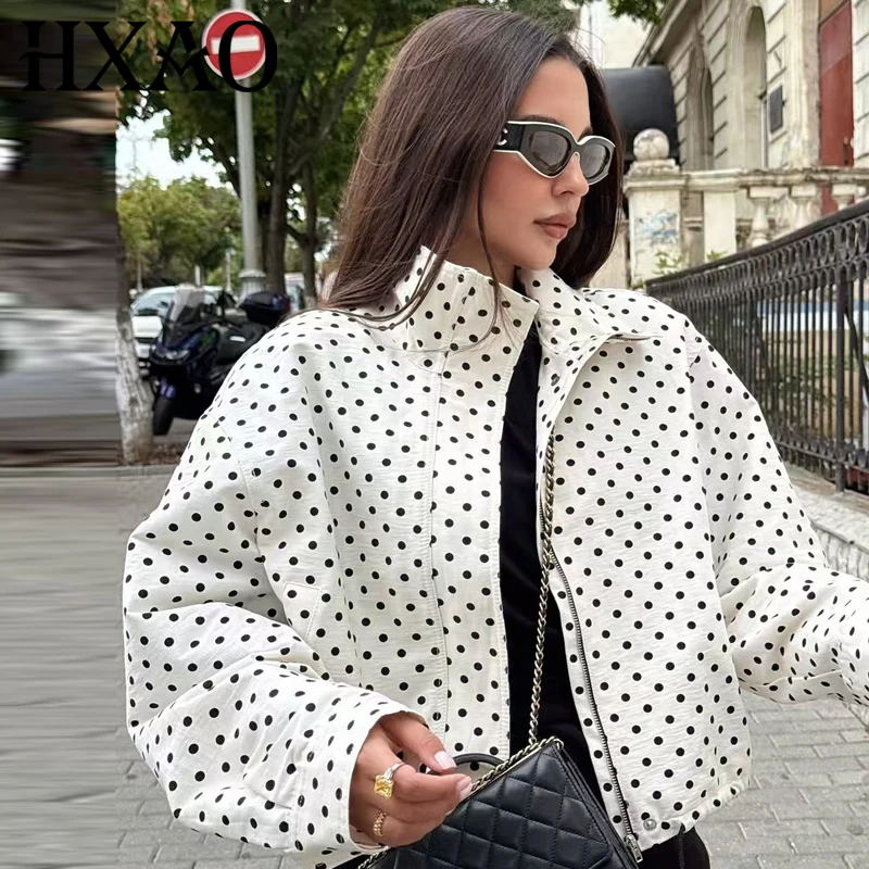 Hxao jaqueta bomber de bolinhas jaquetas femininas demi-temporada oversized manga longa top outerwear aviador plus size zip up casacos curtos