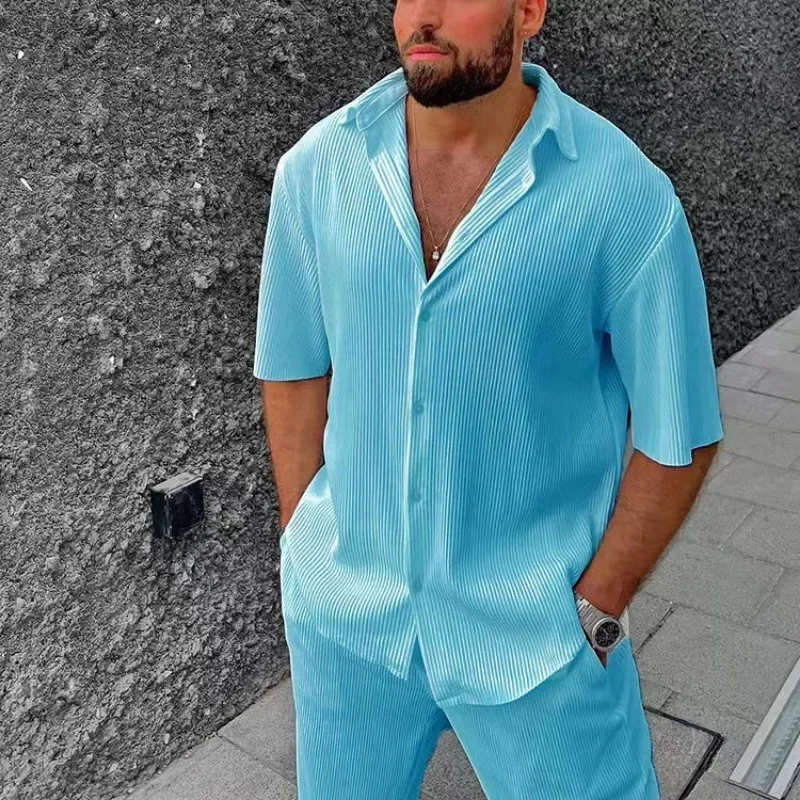 Herren-Sets, lässig, lockeres Strand-Outfit, einfarbig, gestreift, kurzärmeliges Herren-Hemd, zweiteiliges Set