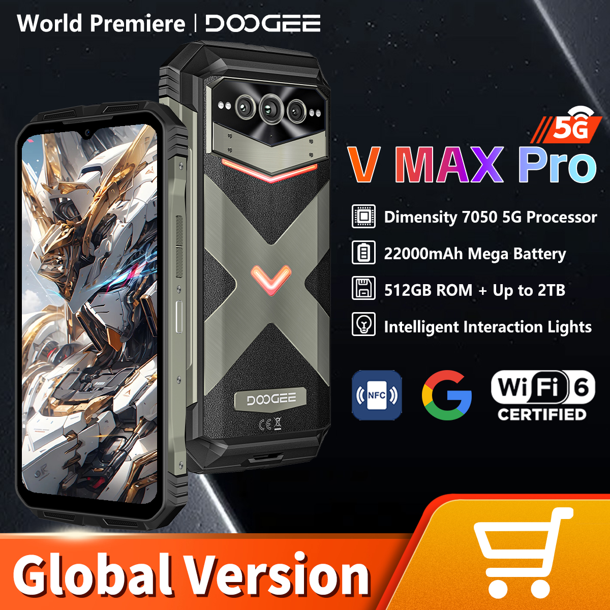 Doogee v max pro smartphone robusto dimensão 7050 5g 6.58 "ips screen12gb ram 512gb rom 22000mah 108mp ai câmera android 14 nfc