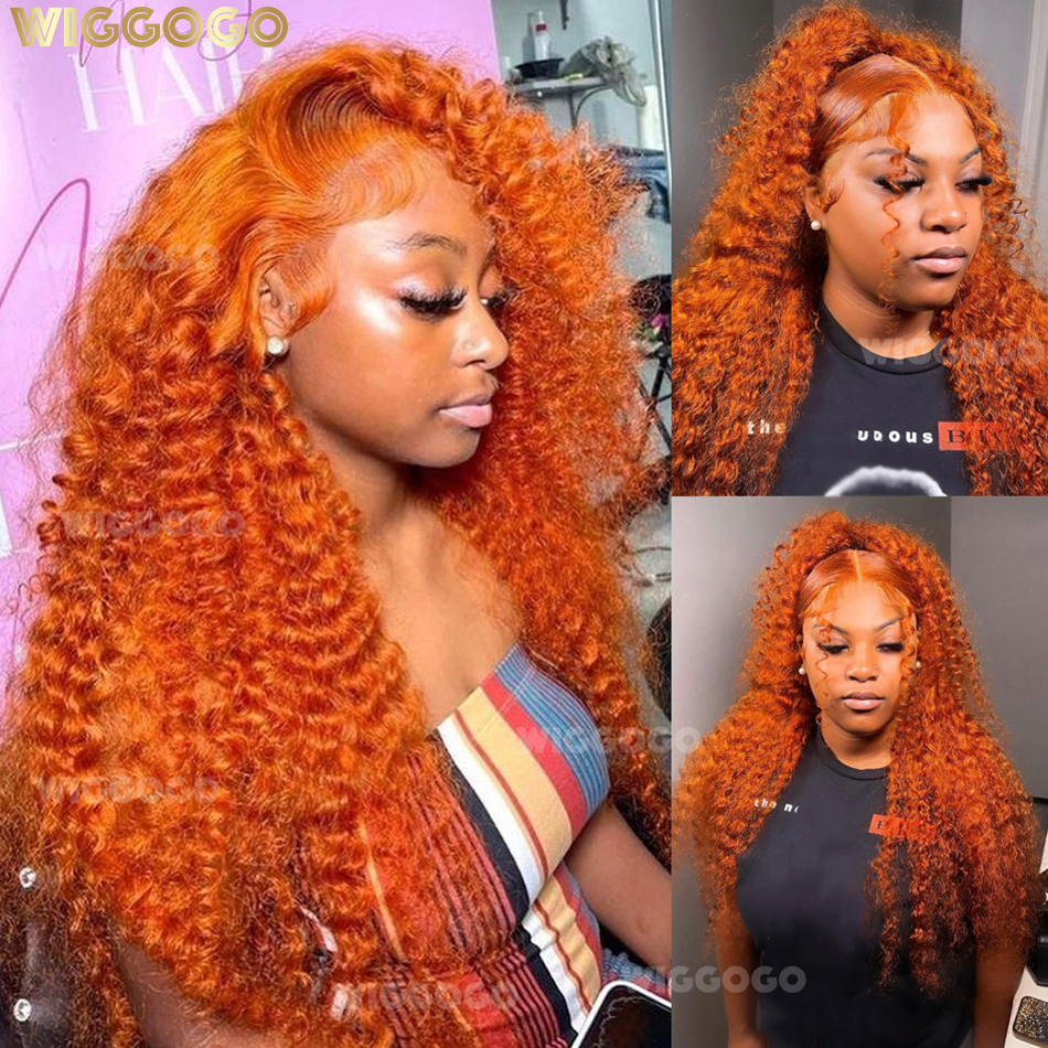 Wiggogo Oranje Gember Kanten Voorkant Pruik Echt haar 30 inch Krullend Kanten Voorkant Pruik van echt haar Diepe Golf 13X4 13X6 Hd Kanten Frontale Pruiken
