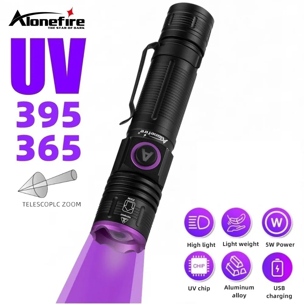 Linterna UV con Zoom de 365nm, lámpara ultravioleta recargable por USB para uñas, antorcha para gatos, perros, mascotas, marcador de tiña de orina, luz de detección de mineral de dinero