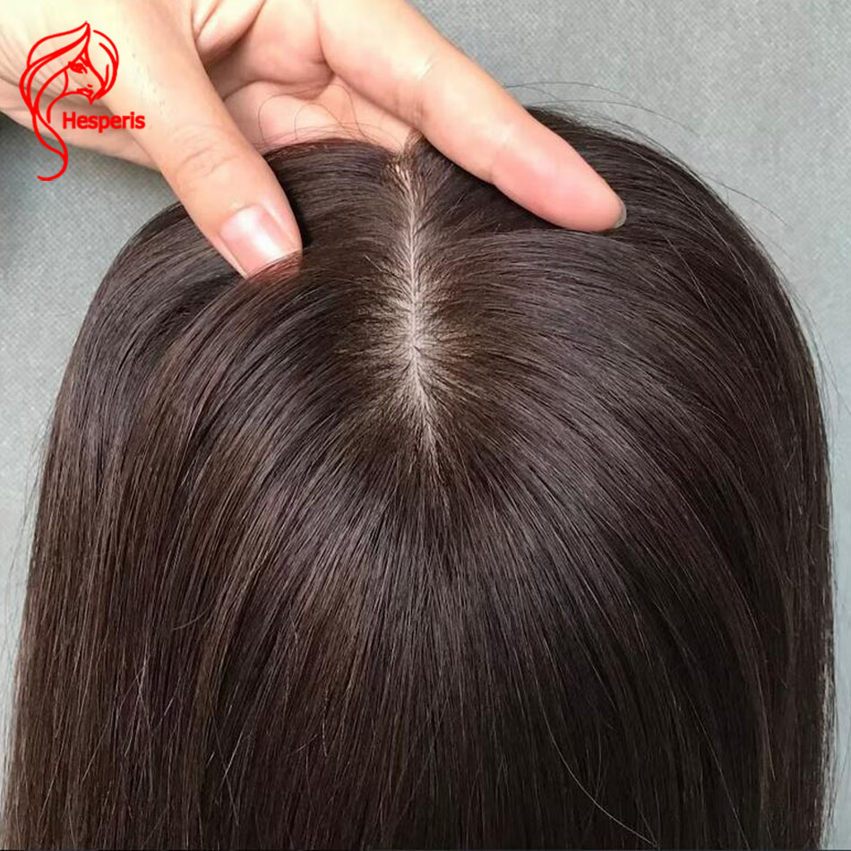 Hesperis коричневый 5x6 дюймов ручной работы шелковая основа для волос Топпер мягкий шелк прямая основа бразильский Реми Человеческий парик для женщин