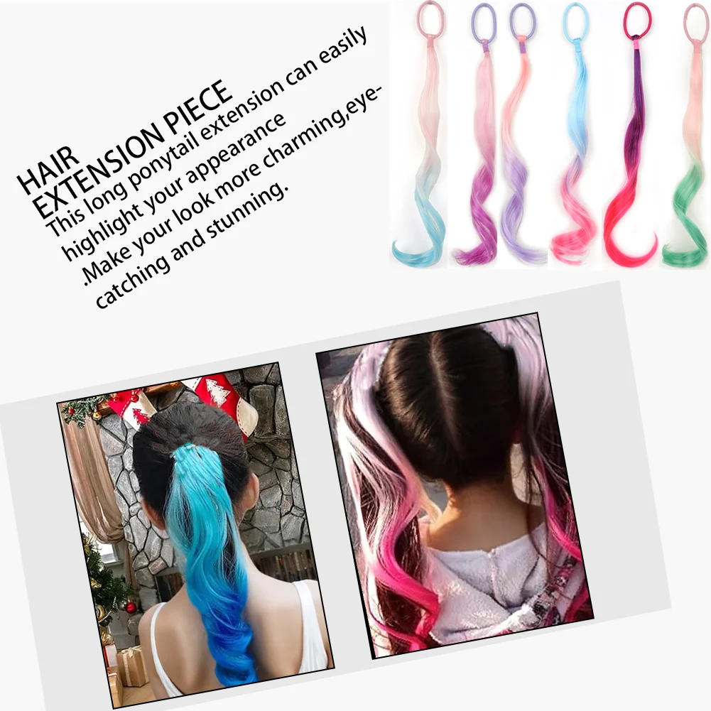 Extensiones de cabello de colores, extensiones de cabello de colores ligeros sintéticas de 14 "para niños, extensión de cola de caballo rizada con lazo elástico