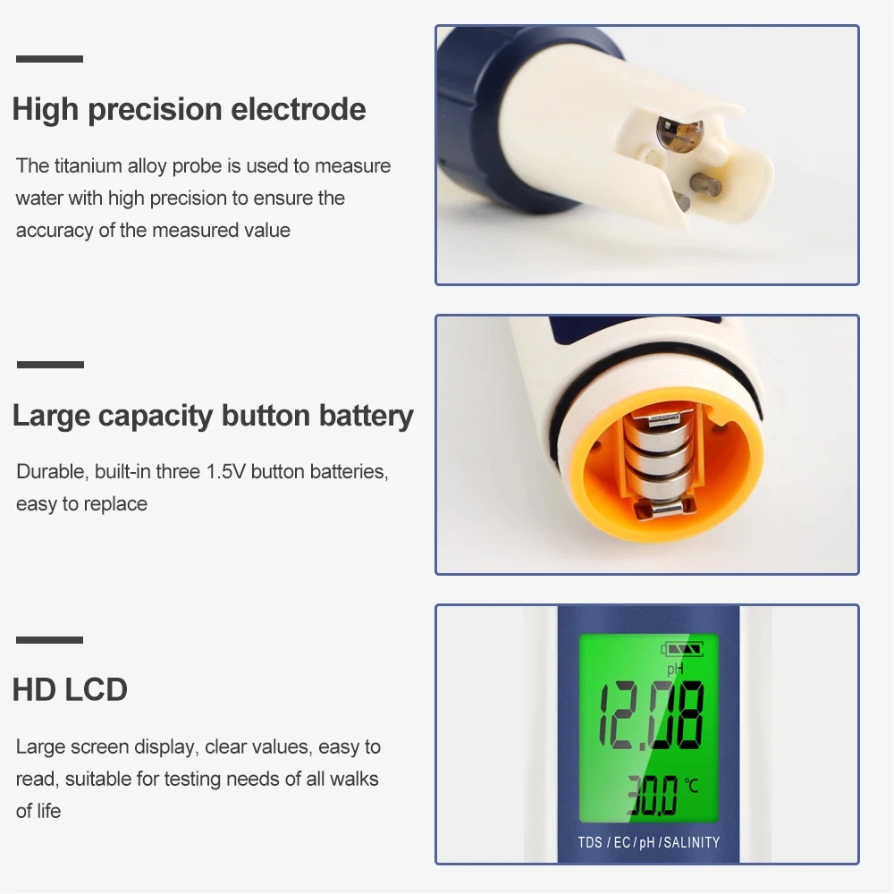 5 In 1 Digital PH TDS EC Meter เครื่องทดสอบอุณหภูมิความเค็มการนําไฟฟ้ากรองน้ําความบริสุทธิ์ปากกา Backlight