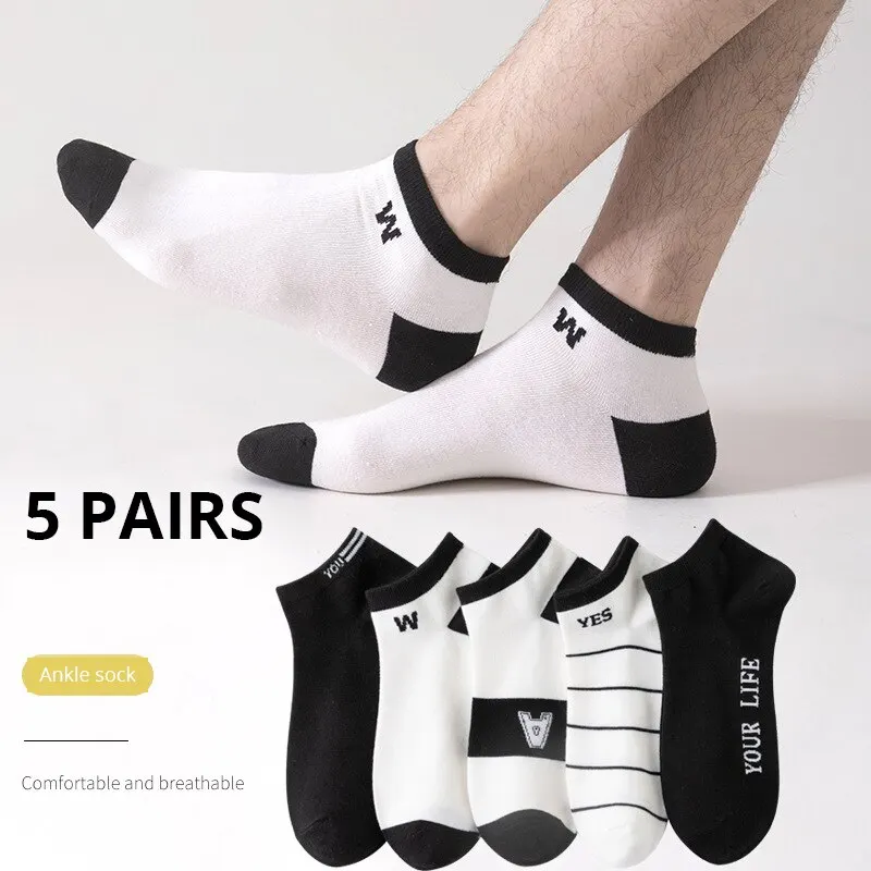 5 pares de calcetines para hombre, calcetines bajos transpirables simples de verano, calcetines de tubo corto con letras en blanco y negro para hombre