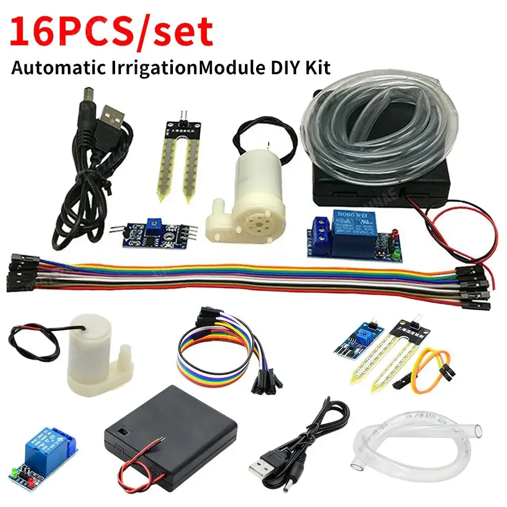 16 unids/set módulo de riego automático Kit DIY Kit de riego automático Sensor de humedad del suelo módulo de relé manguera de 50cm para Arduino