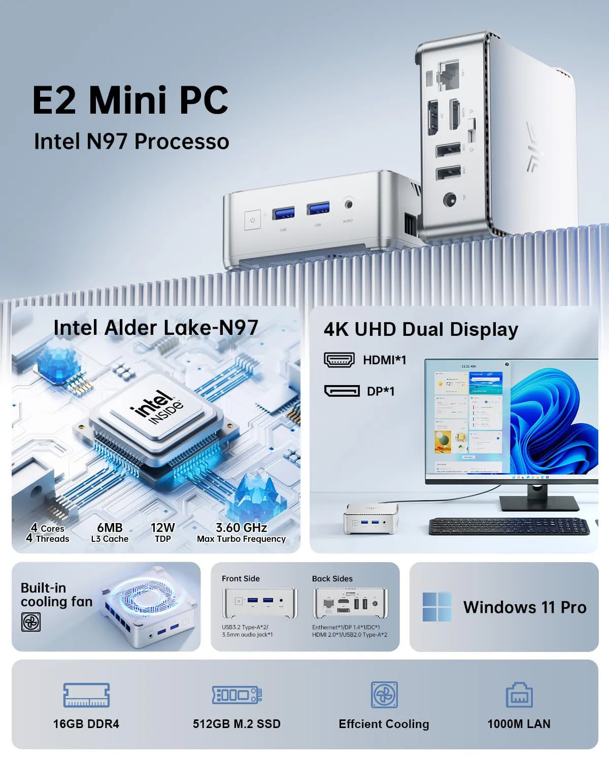 ACEMAGIC Mini-PC E2 Mini-Computer Alder Lake-N97 16 GB DDR4 GB M.2 SSD Windows 11 Pro Micro-Desktop-Computer Mini-PC