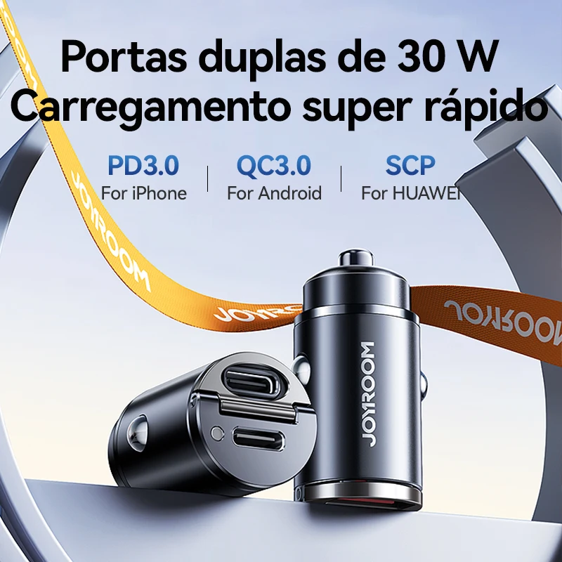 Joyroom-puxar o carregador do carro do anel, USB tipo-C, portas rápidas duplas, carregamento rápido, mini carregador do telefone, acessórios do carro, PD, QC, 30W