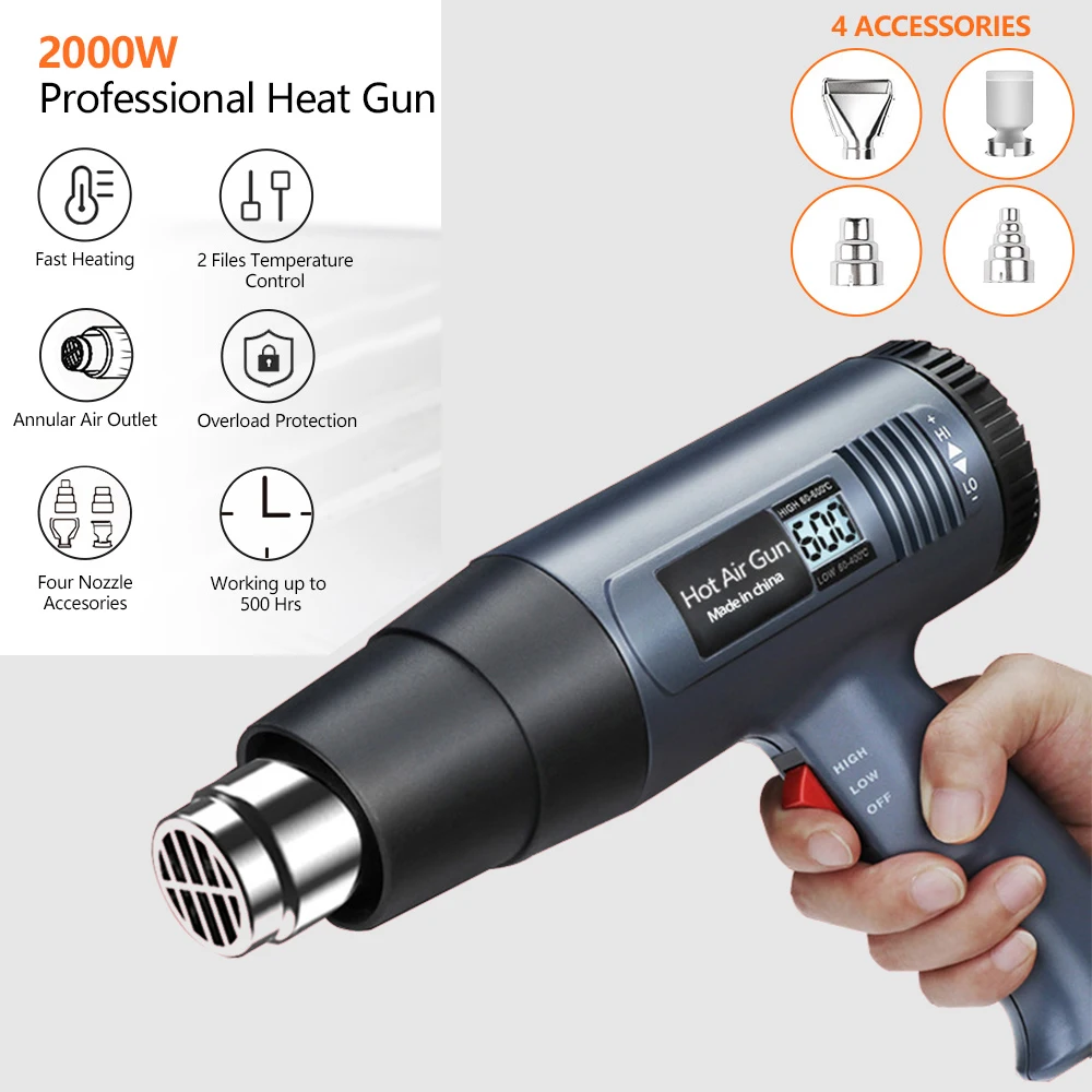 Pistola de calor de 220V/110V, pistola de aire caliente eléctrica avanzada Variable de 2000W, pistola de aire caliente avanzada, pistola de calor eléctrica ajustable con temperaturas