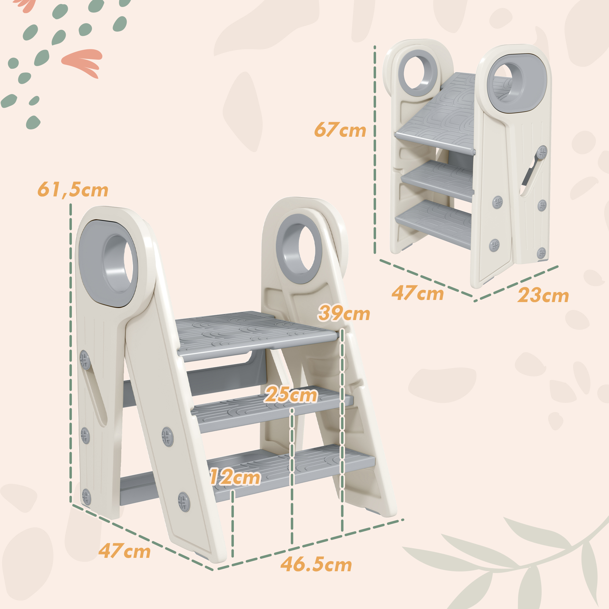 AIYAPLAY Taburete para Niños Plegable y Adjustable con Asa Gris y Blanco