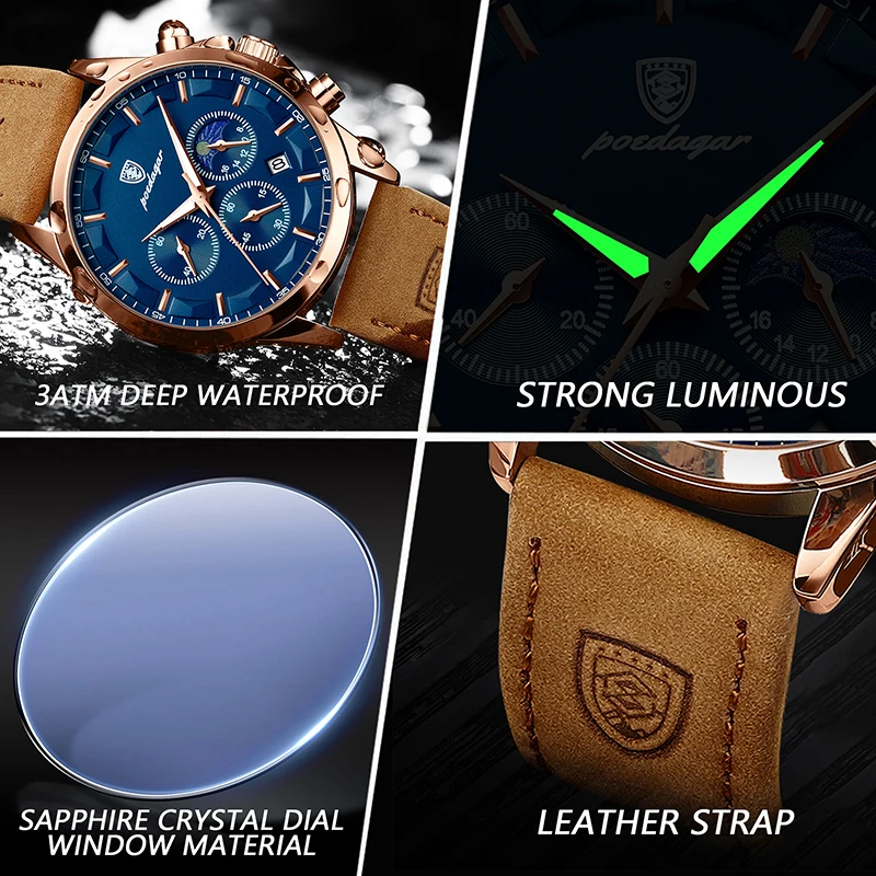 Reloj POEDAGAR de cuero genuino para hombre, cronómetro con calendario luminoso a la moda, reloj masculino resistente al agua con fase lunar, reloj de pulsera de cuarzo para hombre