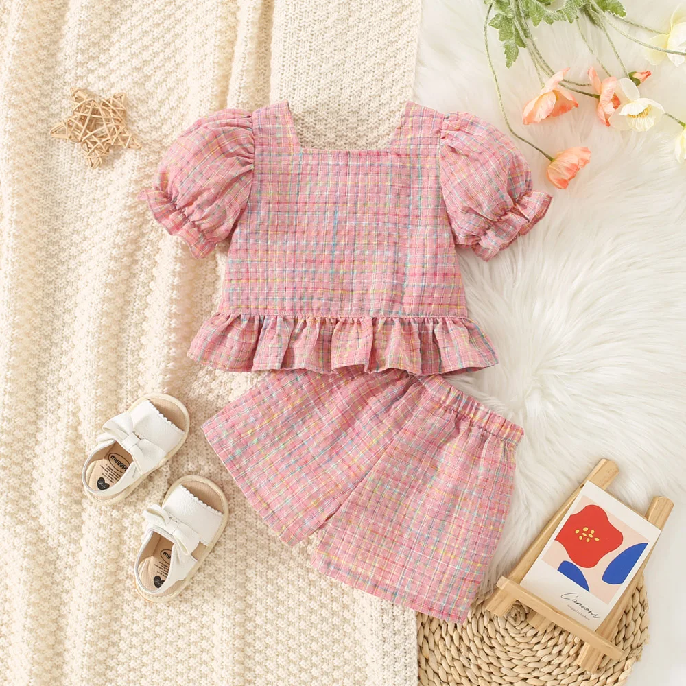 (0-3 anni) Set di top e pantaloncini con maniche a palloncino scozzesi in cotone color cotone per bambina estiva Set di due pezzi stile principessa carino per ragazze