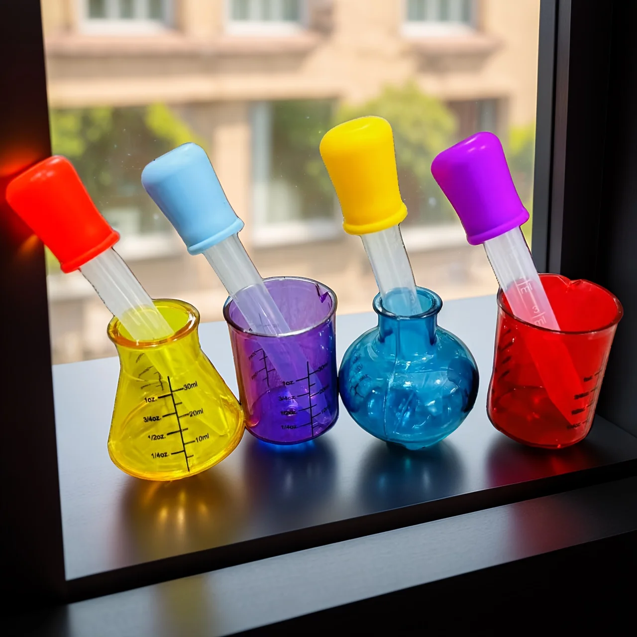 4 Colored Measuring Cups 4 Colored Droppers Educational Mini Measuring Cups Teaching Aid, Plastic Science Experiment Sensory DIY