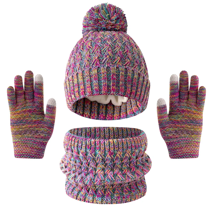 Set di cappelli, sciarpe e guanti per bambini, ragazzi e ragazze in tinta unita, pile e ispessiti 3pc3-12Y
