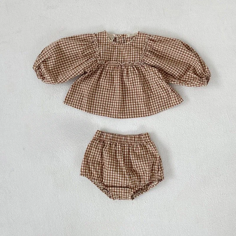 Conjunto de blusa a cuadros 100% algodón y pantalones cortos de PP para niños pequeños