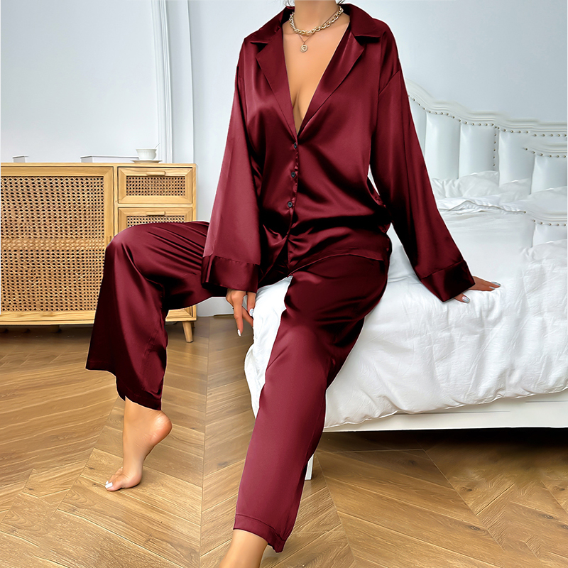 Ropa de dormir de seda satinada para mujer, ropa de hogar Sexy de corte bajo, pijamas para mujer de un solo pecho, pantalones de pierna ancha de manga larga, conjunto de pantalones