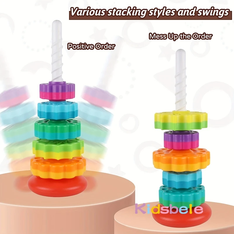 เด็ก Rainbow Spinning Stacking ของเล่น Spin ของเล่นเพื่อการศึกษา Montessori และสี Rainbow Design แหวน Stacker ของเล่นเด็ก