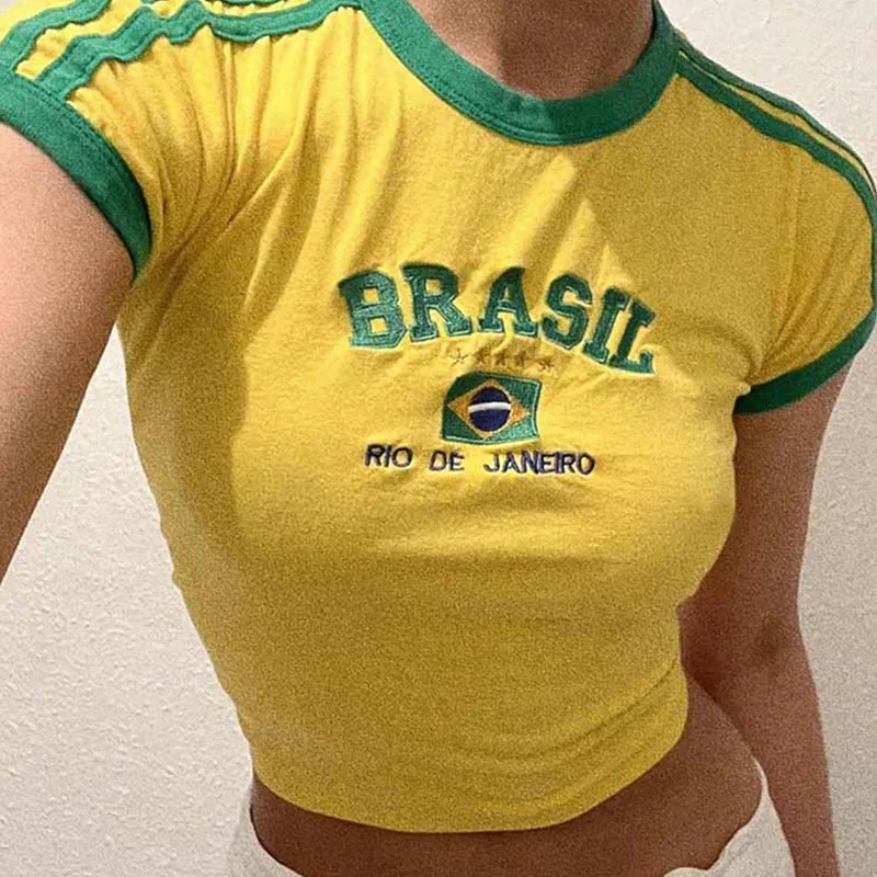 Ästhetisches BRASIL-T-Shirt und Shorts-Anzug für Damen mit Buchstabendruck, Vintage-Grunge-Kurzarm-Baby-T-Shirts, Sommer-Crop-Top Y2k-Kleidung