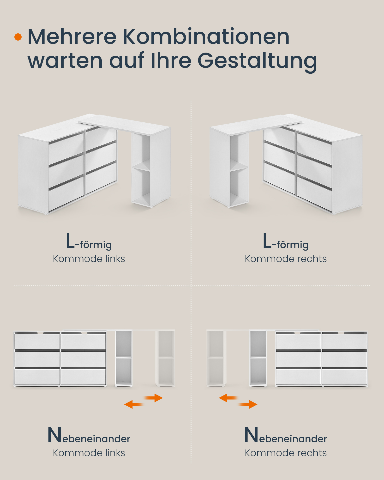 SONGMICS HOME Kommode, Schrank, Schminktisch mit Regal, Schnelle werkzeuglose Montage, nebeneinander oder L-förmig, für Schlafzi