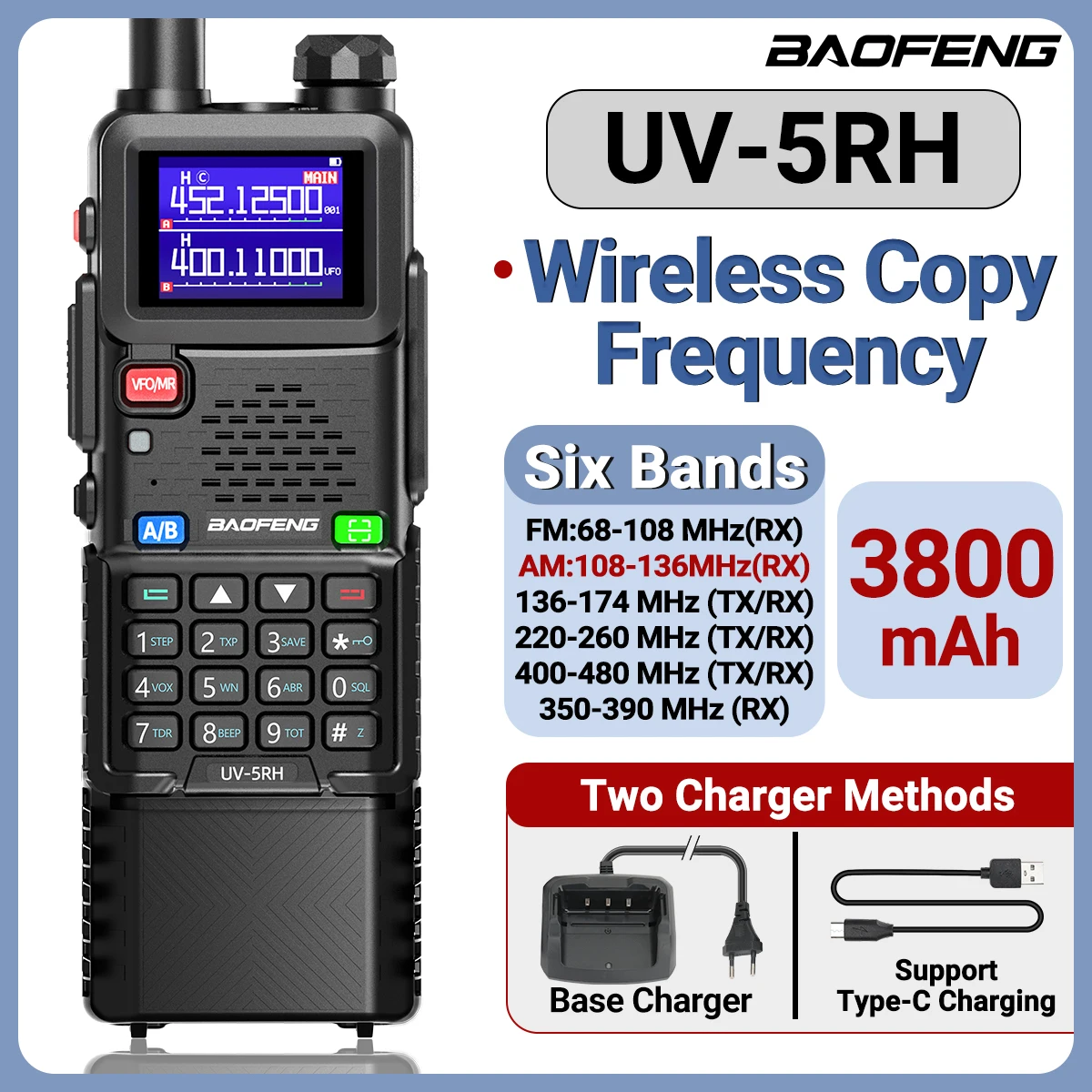 Baofeng UV-5RH Air Band Walkie Talkie 3800 mAh wiederaufladbare kabellose Kopierfrequenz Typ-C 999CH für UV 5R Long Range Amateurfunk