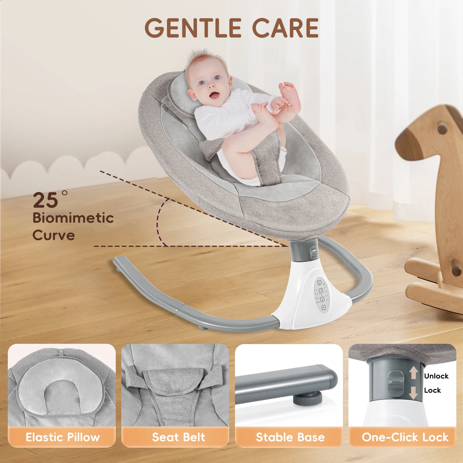 Balançoire électrique pour bébé, videurs à 4 vitesses, berceuses intégrées, fonction Bluetooth, pare-soleil, moustiquaire, télécommande