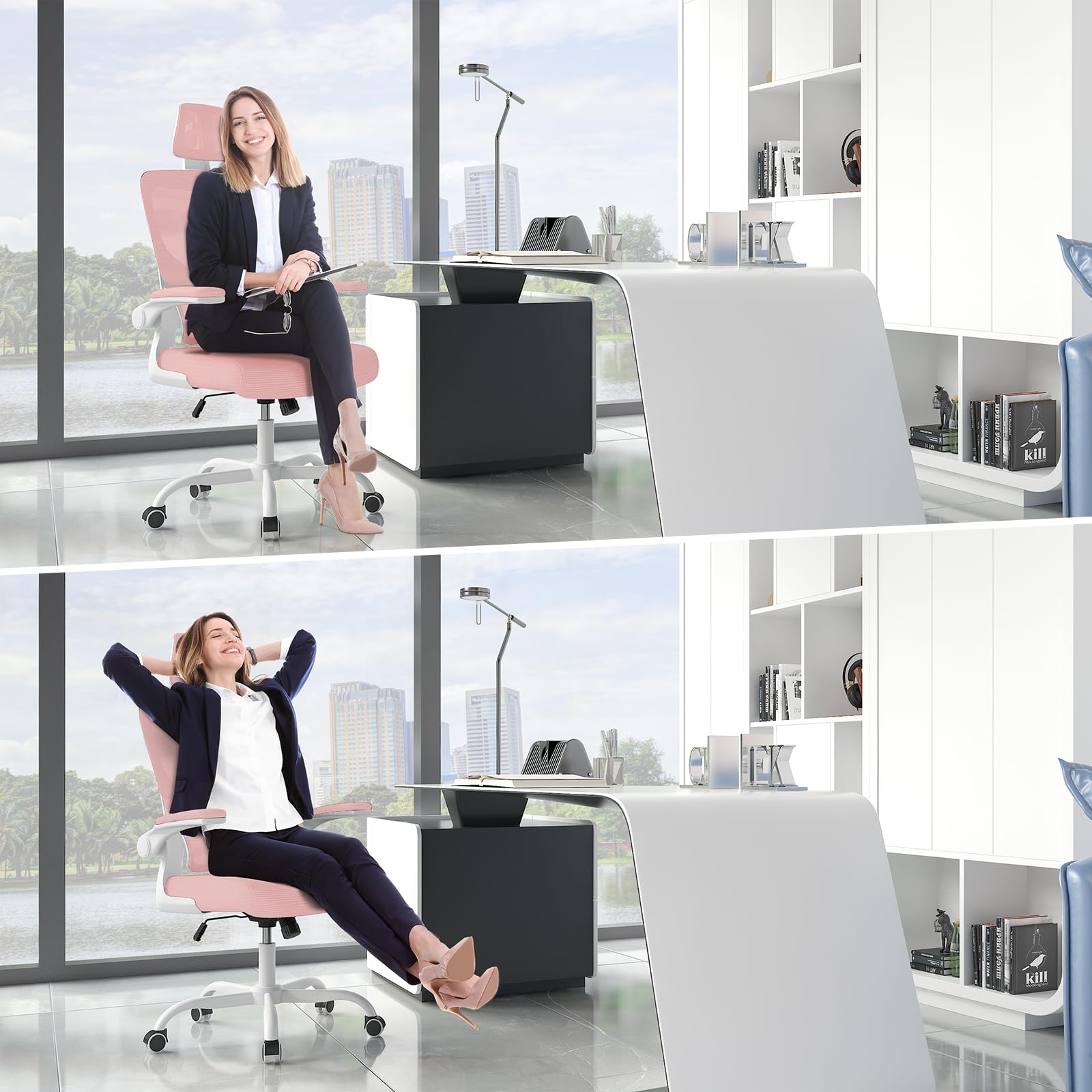 Chaise de Bureau Ergonomique avec Support Lombaire en Forme de C, Repose-Sauna Réglable et Accoudoir Réversible pour Bureau à Domicile