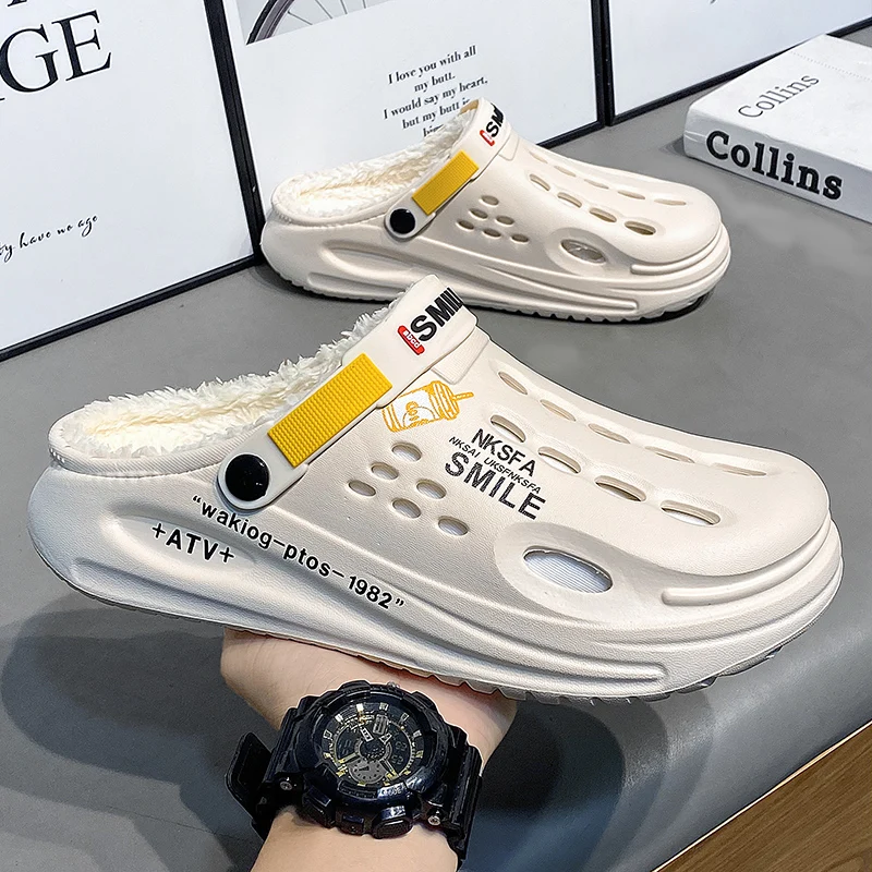 Winter Männer Hausschuhe Warme Pelzigen Garten Schuhe Weiche Indoor Hause Baumwolle Schuh EVA Plüsch Rutschen Casual Outdoor Bequeme Pelz Clogs